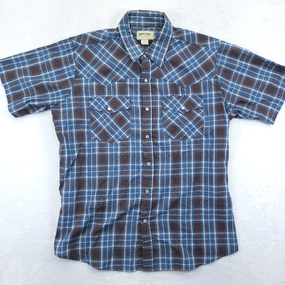 Rustic Ridge Button Up Short Sleeve Men Sz XL Outdoor Plaid Shirt Blue